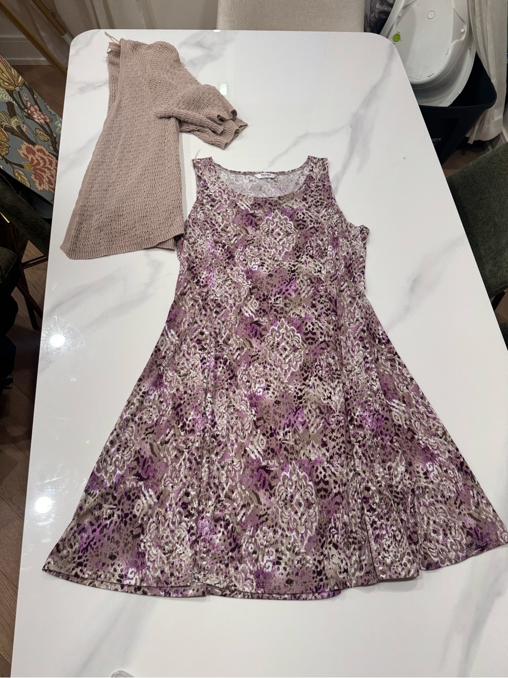 TanJay Purple Floral Lace-Print Swing Dress with cardigan